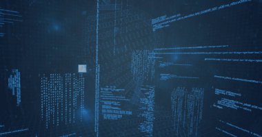 Yüzen kod panelleri, ikili akış, ızgaralar ve parlak düğümlerle siber uzayda sürüklenen açık bloklar. Fütürist, teknoloji, dijital, sanal, siber, soyut, ağ