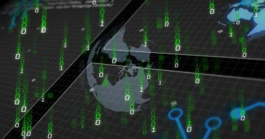 Siber ağda, yeşil ikili haneli, mavi çizgili ve harita parçalarıyla ızgaranın üzerinde süzülen bir dünya. Gelecek, teknoloji, dijital, sanal, holografik, veri, bağlantı