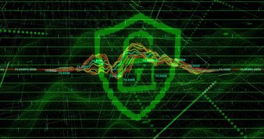 Yeşil kalkan simgesi, asma kilit sembolü ve dalga şeklini sayı ve düğümlerle gösteriyor. Siber güvenlik, dijital, teknoloji, güvenlik, koruma, fütüristik, veri