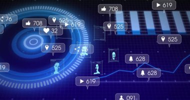 Sanal gösterge panelinde geleceksel veri arayüzü gösteriliyor, UI işaretleyicileri simgeler ve grafikler gösteriyor. Fütürist, dijital, holografik, analitik, ui, görselleştirme, teknoloji