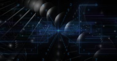 Parlayan mavi bağlantı noktaları, dijital uzayda küreler ve rakamlarla çevrim benzeri çizgiler yayıyor. Fütürist, sibernetik, soyut, teknoloji, neon, bilim kurgu, dijital alarm