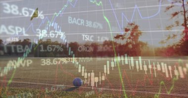 Finansal şamdan çubukları ve çizgi grafikleri şafak vakti çimlerin üzerinde, küçük mavi bir top ile. Doğa, manzara, veri görselleştirme, finans, açık hava, sükunet, teknoloji