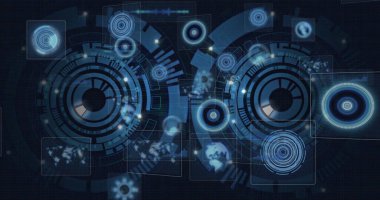 Hedef göstergeler ve veri düğümleriyle sanal arayüzde çift konsantre HUD daireler gösteriliyor. Futuristik, teknoloji, arayüz, dijital, veri, analitik, holografik