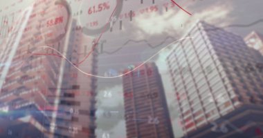 Gökdelenleri finans merkezinde veri örtüsüyle harmanlamak, takım elbiseli iş adamının tablet tutması. Kentsel, finans, teknoloji, iş, yenilik, analitik, kurumsal