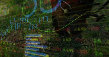 Çimlerin üzerinde metal mahmuzla ayakta duran botlar, üzerinde finansal grafikler, kopyalama alanı. Binicilik, at, açık hava, köy, canlılık, finans, yatırım