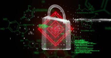 Güvenlik sahnesinde kırmızı kalp amblemi taşıyan yüzen kablo kilidi, akan kod ve moleküller. Siber güvenlik, şifreleme, dijital, geleceksel, teknoloji, koruma, veri