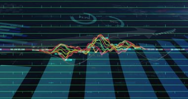 Analitik gösterge panelinde dalgalanan gök kuşağı dalga biçimi görülüyor. Teknoloji, yenilik, fütürizm, veri, görselleştirme, arayüz, analitik