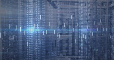 Sunucu odasında sunucu rafları, anahtarlar ve kablolar, yanıp sönen LED 'ler ve üstüste konulacak şekilde gösteriliyor. Teknoloji, veri merkezi, ağ altyapısı, fütürist, siber güvenlik, organize sistemler, dijital ortam