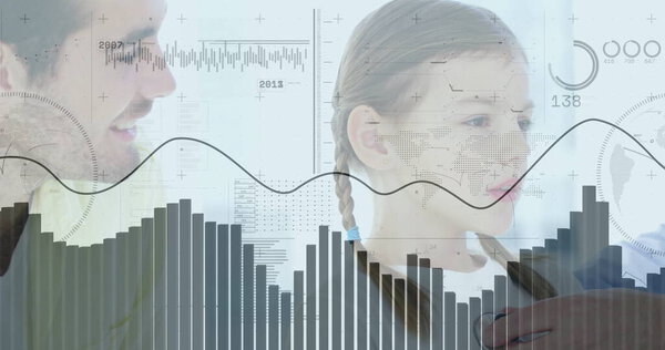 Doctor placing stethoscope on girl chest in pediatric exam room, with digital chart overlays. Pediatric, healthcare, monitoring, analysis, fatherhood, wellness, bright