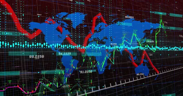 Küresel veri grafiği, mavi dünya haritası ve kırmızı yeşil çizgi grafikleriyle analitik panelde gösteriliyor. Soyut, geleceksel, teknoloji, yenilik, istatistik, zeka, dijital