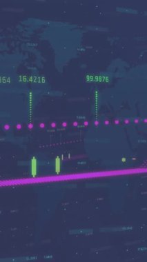Dünya haritasında veri işleme ve diyagramın animasyonu. İş, teknoloji ve dijital arayüz kavramı dijital olarak oluşturuldu.