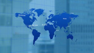 Başlangıç haritasında ofis bulanıklığı, ızgara canlandırma, etiketler solma, yeniden konumlandırma için kayma. Global, teknoloji, animasyon, veri, modern, kurumsal, dijital