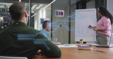 Meslektaşı soru sorarken pazarlama grafiği çizen sunucu ilerlemeyi gösteriyor. İş, takım çalışması, beyin fırtınası, strateji, işbirliği, profesyonel, kurumsal