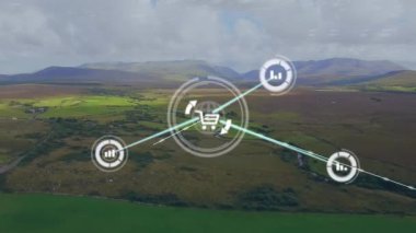 Çizgilerle bağlı ikonların animasyonu, dağlara karşı yeşil alanın havadan görünüşü ve bulutlu gökyüzü. Dijital bileşik, çoklu pozlama, iletişim, manzara, doğa ve teknoloji kavramı.
