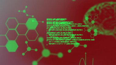 Kırmızı gradyan arka planda tıbbi veri işleme animasyonu. Tıbbi araştırma bilimi ve iş teknolojisi kavramı