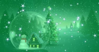 Kar küresindeki Noel ağacı ve kardan adamın yeşil arka planda düşüşünün animasyonu. Noel, şenlik, kutlama ve gelenek konsepti dijital olarak oluşturuldu.