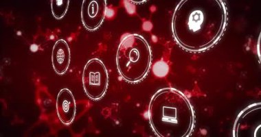 Kırmızı ağ başlatılıyor, beyaz simgeler soluyor, sola kayıyor, kamera sağa doğru kayıyor ve veri akışını gösteriyor. Gelecek, teknoloji, dijital, yenilik, soyutlama, veri, bağlantı