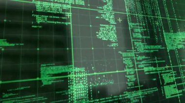 Bilgisayar programlama dilinin üzerindeki şebeke modelinin animasyonu siyah arkaplana karşı. Dijital olarak üretilmiş, hologram, kodlama, makine öğrenimi, illüstrasyon, soyut ve teknoloji kavramı.