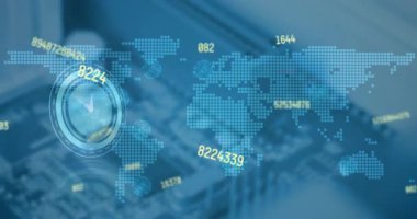 Sayıların animasyonu, mercek fişeği, dijital saat ve soyut arkaplan üzerinde bağlı noktalar. Dijital olarak üretilmiş, hologram, küresel, aydınlık, iletişim, zaman ve teknoloji kavramı.