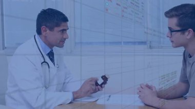 Kafkas erkek doktor ve erkek hasta üzerinde bilimsel veri işleme animasyonu. Küresel tıp, bilim, araştırma, hesaplama ve veri işleme kavramı dijital olarak oluşturulmuş video.