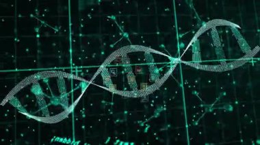 Sol noktalı DNA sarmalından giriliyor. Biyo veri entegre eden veri simgelerinde dönüyor ve süzülüyor. Gelecekçi, dijital, moleküler, soyut, teknoloji, yenilik, görselleştirme