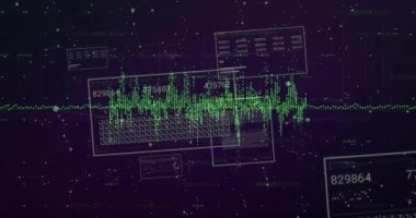 Başlangıçta yüzen veri panelleri gerçek zaman analizi için değerleri güncellerken yeşil dalga formu çizgisi titreşiyor. Veri görselleştirme, dijital arayüz, analitik, fütüristik, teknoloji, yenilik, hareket grafikleri