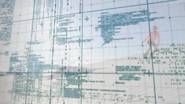 Eğilime yaklaşıyoruz, kadın kaykaycı teknik efekt için Ollie 'ye şeffaf kod ızgarası altında vuruyor. Dijital, hareketli, kentsel, sportif, fütüristik, minimalist, macera