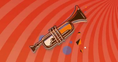 Düz dizayn altın trompet giriş sırasında saat yönünde döner sonra döngü için geri döner. Vektör, animasyon, soyut, canlı, dijital, modern, geometrik