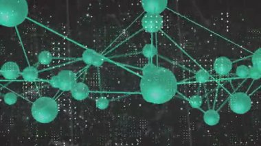 3 boyutlu veri ağı, gizli bağlantıları açığa çıkaran yeşil küreler boyunca sürükleniyor. Gelecek, dijital, karmaşıklık, bağlantı, teknoloji, soyutlama, yenilik
