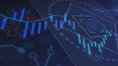 Oynatma başlatılıyor, Cyan trend çizgisi tarama ızgarası, titreşimli altıgen, değişen çubukları işaretleyen kırmızı etiketler. Teknoloji, analitik, fütüristik, veri, dijital arayüz, görselleştirme