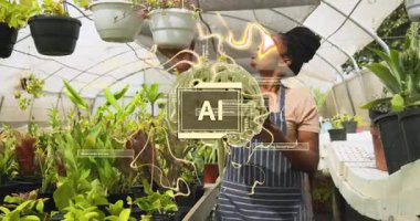 Çocuk odasına bahçıvanla girmek, asma tencerelerini incelemek, yapay zeka bitki verilerine dokunmak. Botanik, tarım, yenilik, teknoloji, sürdürülebilirlik, araştırma, doğa