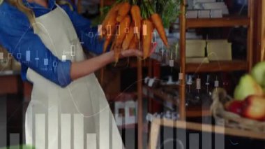 Finansal veri işleme ve havuç tutan kadınla ilgili istatistiklerin animasyonu. Küresel iş, finans, veri işleme ve bağlantılar konsepti dijital olarak oluşturulmuş video.