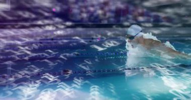 Yüzücü duvardan itiyor, kurbağalama vuruşunu gerçekleştiriyor ve suyun üzerindeki spor verilerini dijital ortamda gösteriyor. Sporcu, su sporcusu, performans, teknik, fitness, rekabet, minimalist