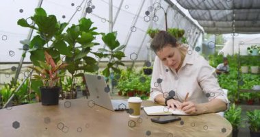 Kadın serada defter açıyor, bitki araştırmalarını kaydediyor sonra da telefon konuşmalarını dinliyor. Herbaryum, üretkenlik, sürdürülebilir, botanik, modern, çalışma alanı, sükunet