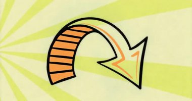 Eğri ok bir saniye bekler sonra radyal ışınlar sönmeden önce okun arkasında patlar. Soyut, grafik, canlı, dinamik, hareket, minimalizm, aydınlatma