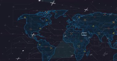 Uzaydan başlayarak, mavi dünya haritasının düz haritaya genişlemesi, simgelerin titreşmesi, çizgilerin ayarlanması. Dijital, fütüristik, soyut, bağlantı, teknoloji, küresel, siber