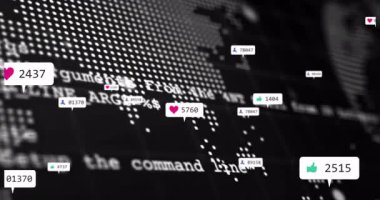 Asya yakınlarında ortaya çıkan kalp, harita üzerinde yüzen ikonlar oluşturmaya başlıyor. Kod, bağlılık büyümesini gösteriyor. Dijital, analitik, görselleştirme, fütüristik, gösterge paneli, teknoloji, veri