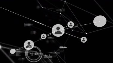 Başlangıçta ağ büyümesini gösterirken yeni kullanıcı simgesi düğümlerine bağlanan tek bir düğüm. Bağlantı, siber güvenlik, veri görselleştirme, dijital mimari, bilgi ağı, teknoloji, soyut