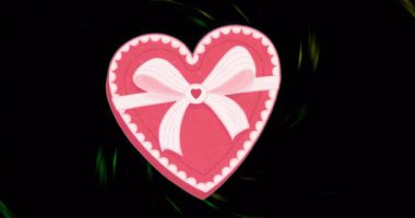 Pembe kalp, üzerinde beyaz bir fiyonk var. Siyah renk, yeşil kıvrımlı kıvrımlı kalp yaratıyor. Romantik, kutlama, zarafet, canlı, soyut, dijital, şenlikli