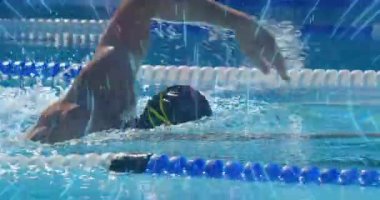 Yüzücü duvardan itiyor ve fitness 'te serbest stil turu atıyor. Animasyon damlaları da su sıçramalarını gösteriyor. Sporcu, su sporu, hareket, eğitim, akım, performans, spor