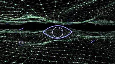 Siyah arkaplana karşı yeşil dijital dalga üzerinden mavi soyut şekillerin animasyonu. Bilgisayar arayüzü ve iş teknolojisi kavramı