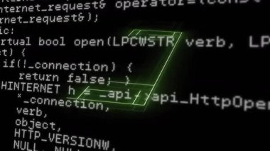 C + + kod kaydırma yeşil hatları başlatıyor. Dönen kablo prizması çizme yapısını oluşturuyor. Teknoloji, programlama, 3D, görselleştirme, dijital, soyut, fütürist