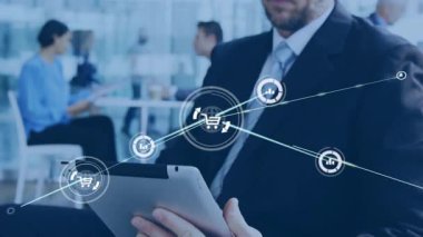 Ticari tıkırtı tableti etkinleştirme ve yumurtlama ekommersi analitik şebekesi. Teknoloji, yenilik, dijital, iletişim, ağ, kurumsal, modern