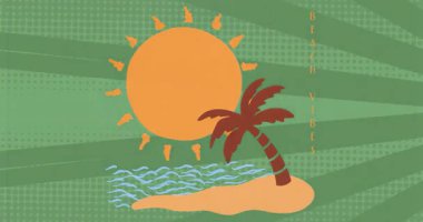 Turuncu güneş, palmiye ağacına hükmediyor. Dalgalar, deniz manzarasını çağrıştırıyor. Tropik, ada, manzara, grafik, canlı, boş zaman, sıcak