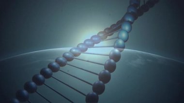 Işık kaynağı, DNA sarmal aydınlatma kürelerinin arkasından dünyanın yörüngesindeki kamera olarak ortaya çıkıyor. Fütürist, kozmik, bilimsel, teknoloji, yenilik, soyut, uzay