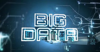 Büyük veri metninin animasyonu ve kesilen robotik elle birleştirilmiş noktalar. Dijital olarak üretilmiş, hologram, illüstrasyon, aydınlanma, veri setleri, yapay zeka ve teknoloji.