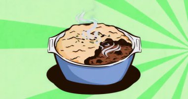 Mavi güveç kabından buhar yükselmeye başlıyor sonra sıcak aromayı göstermek için kıvrılıp kıvrılıyor. Mutfak, yemek sunumu, animasyon, canlı, iştah açıcı, dijital sanat, konukseverlik.