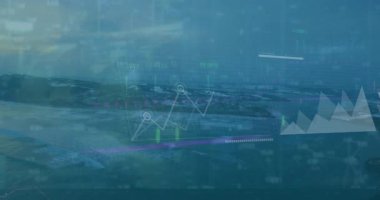 Deniz ve dağlarla hava manzarası üzerinden istatistiksel veri işleme animasyonu. İş veri teknolojisi kavramı