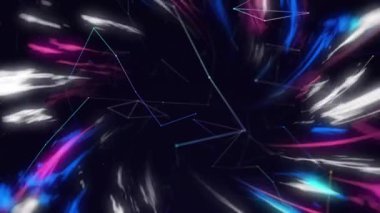 Renkli çizgiler düğümler arasında yanıp sönüyor ve boşlukta birleşerek teknoloji girdabı oluşturuyor. Fütürist, dijital, soyutlama, neon, geometrik, daldırıcı, dinamik