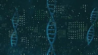 Parıldayan mavi DNA sarmalları deniz mavisi arkaplanında sürüklenirken pikseller titreşerek verileri gösteriyor. Biyoteknoloji, bilimsel, fütüristik, dijital, engelleme zinciri, yenilik, teknoloji